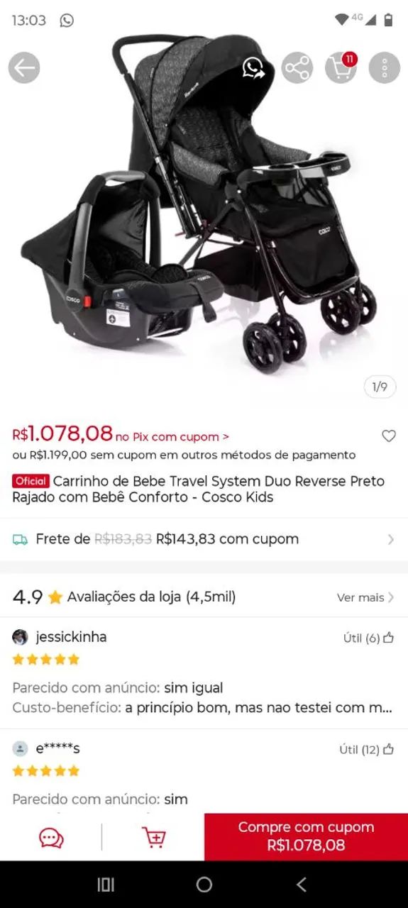 Kit carrinho de bebe e bebe conforto 
