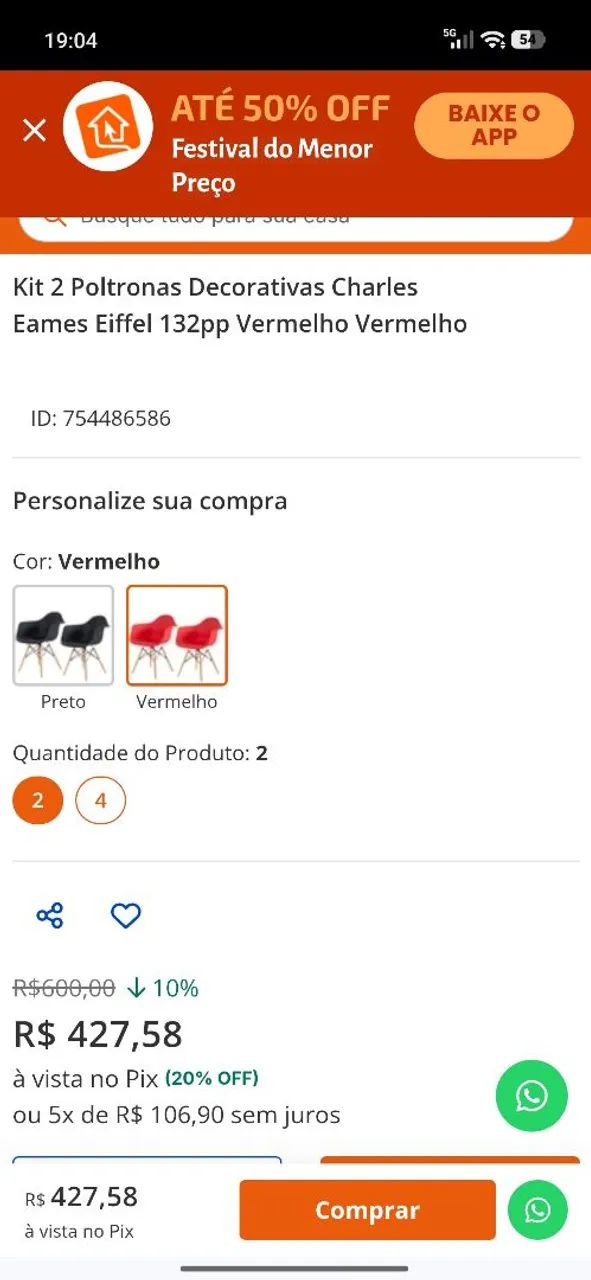 Kit 2 Poltronas Decorativas Charles Eames Eiffel 132pp Vermelho Vermelho - Foto 2