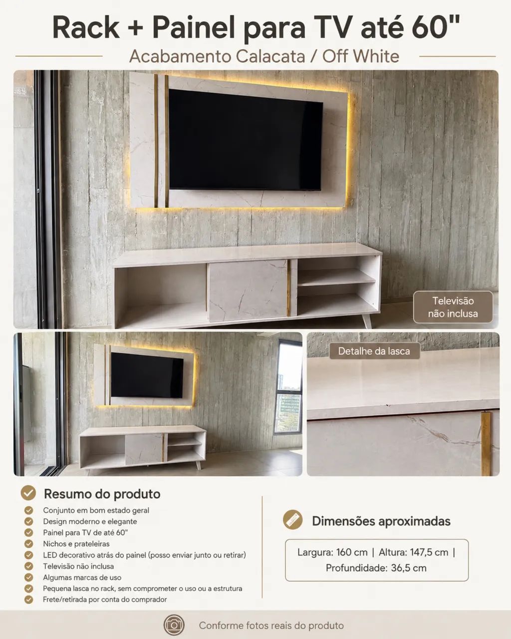 Rack com Painel para TV até 60 polegadas - Calacata/Off White - Foto 4