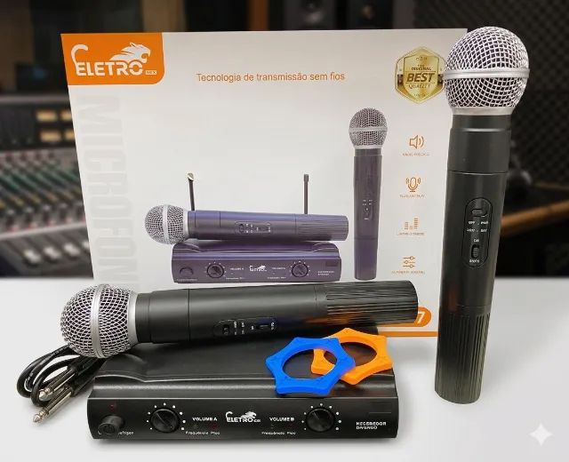 Kit com 2 Microfones Sem Fio, Profissionais, Com Receptor (Eletromex EL-5007)