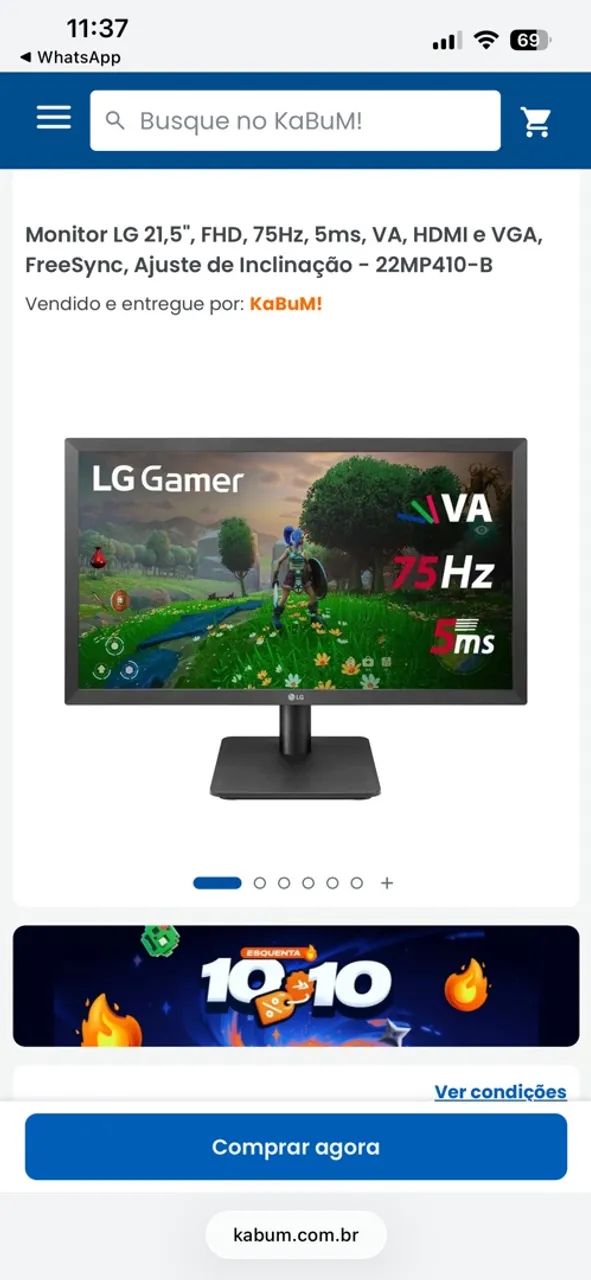 MONITOR GAMER LG 75HZ