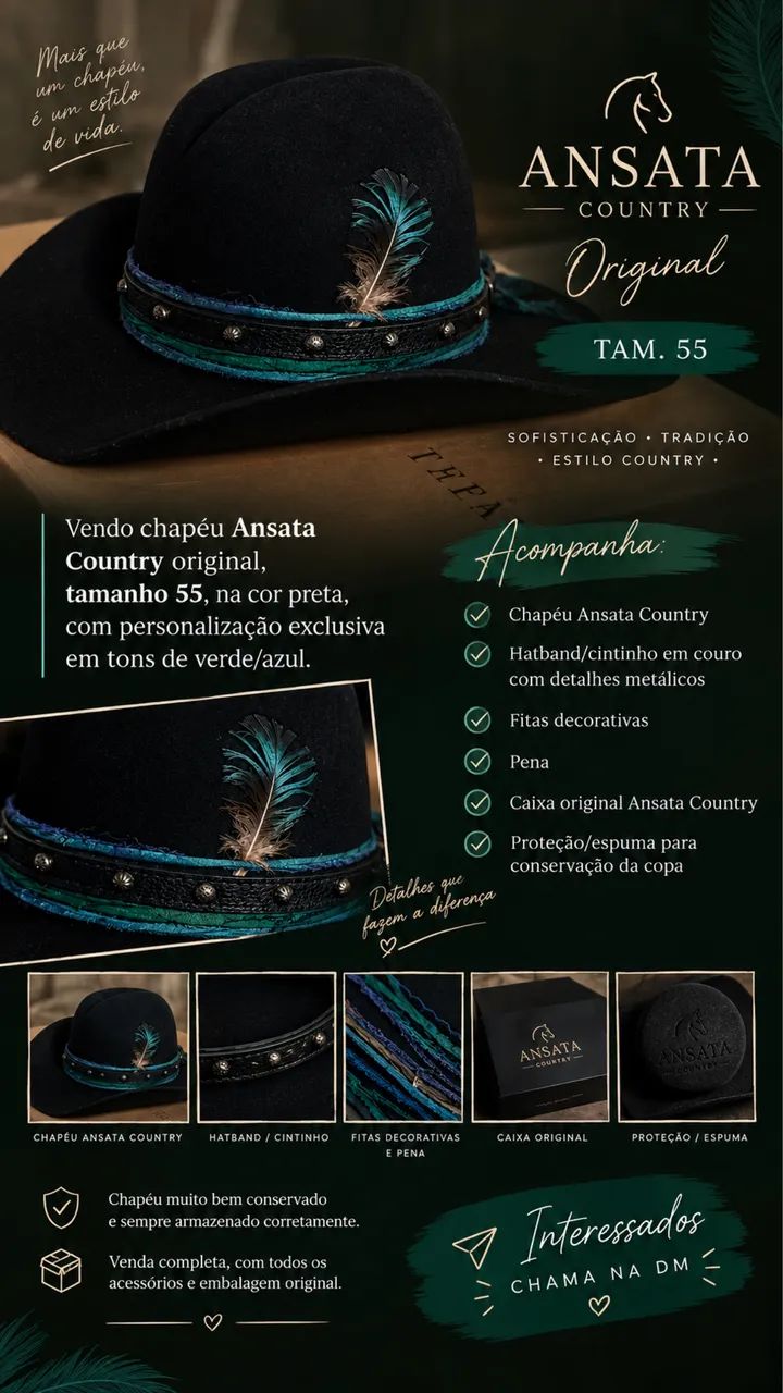 CHAPÉU ANSATA COUNTRY ORIGINAL - TAM. 55 ? - Foto 2