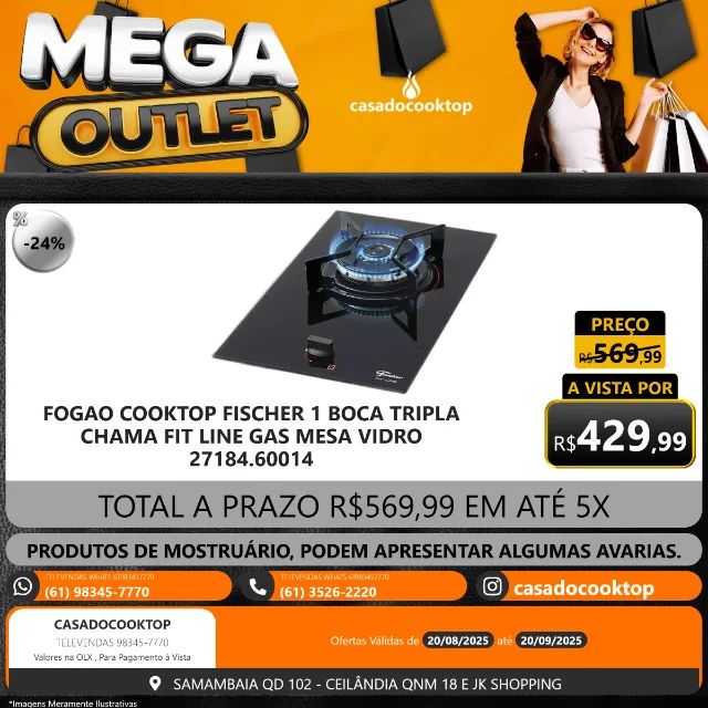 FOGAO COOKTOP FISCHER 1 BOCA TRIPLA CHAMA FIT LINE GAS MESA VIDRO 27184.60014 