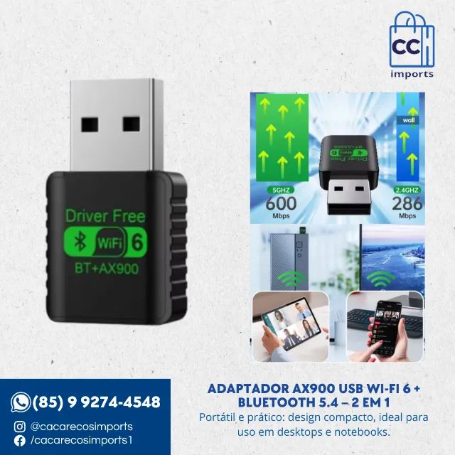 Adaptador AX900 USB Wi-Fi 6 + Bluetooth 5.4 - 2 em 1