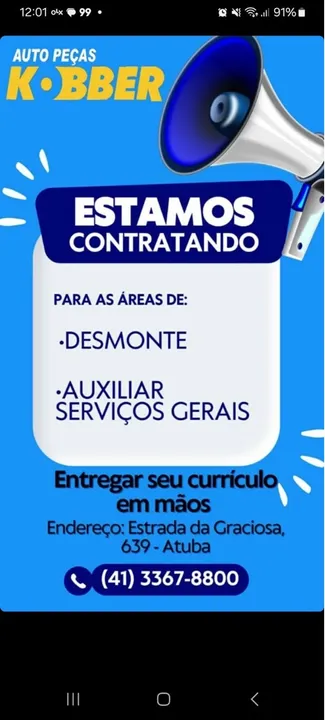 xx Vaga de Emprego Auto Peças Kobber xx