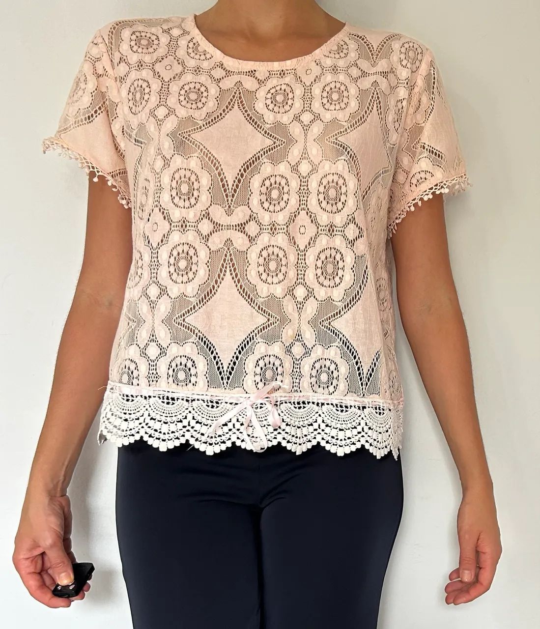 Blusa Chifon Renda Rosa Pastel - Tamanho P
