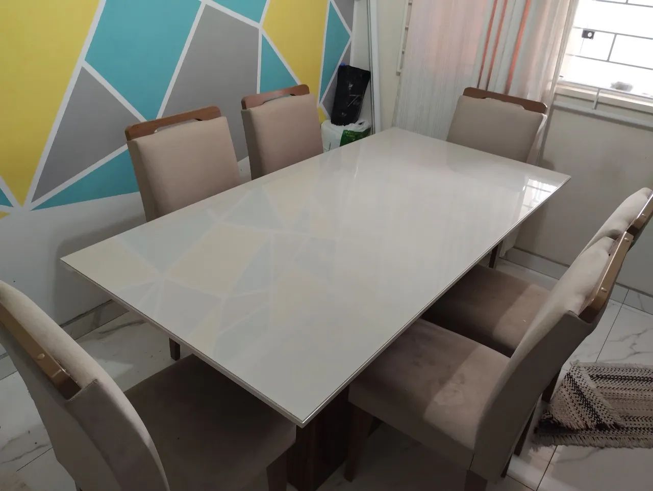 Mesa de jantar 6 cadeiras retangular off white e creme com tampo de vidro - Foto 2