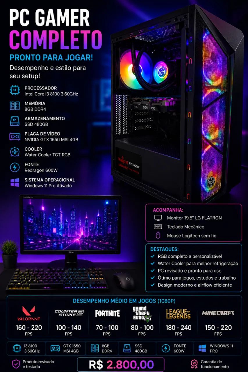 PC GAMER COMPLETO - i3 8100 + GTX 1650 + WATER COOLER