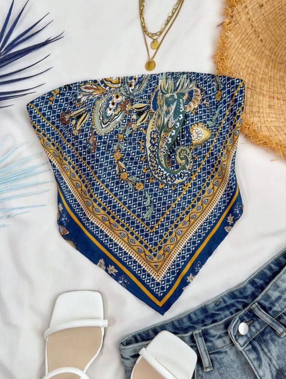 Top faixa vintage azul estampado 