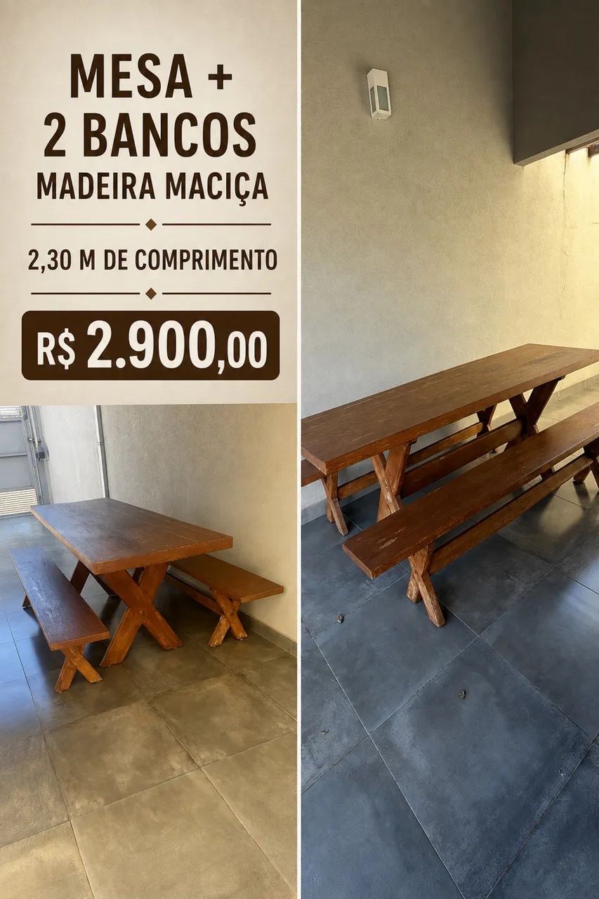 Mesa + 2 bancos Madeira Maciça