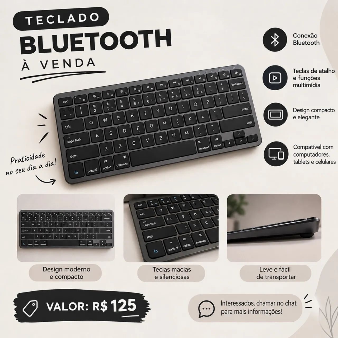 Teclado Bluetooth Compacto e Sem Fio 