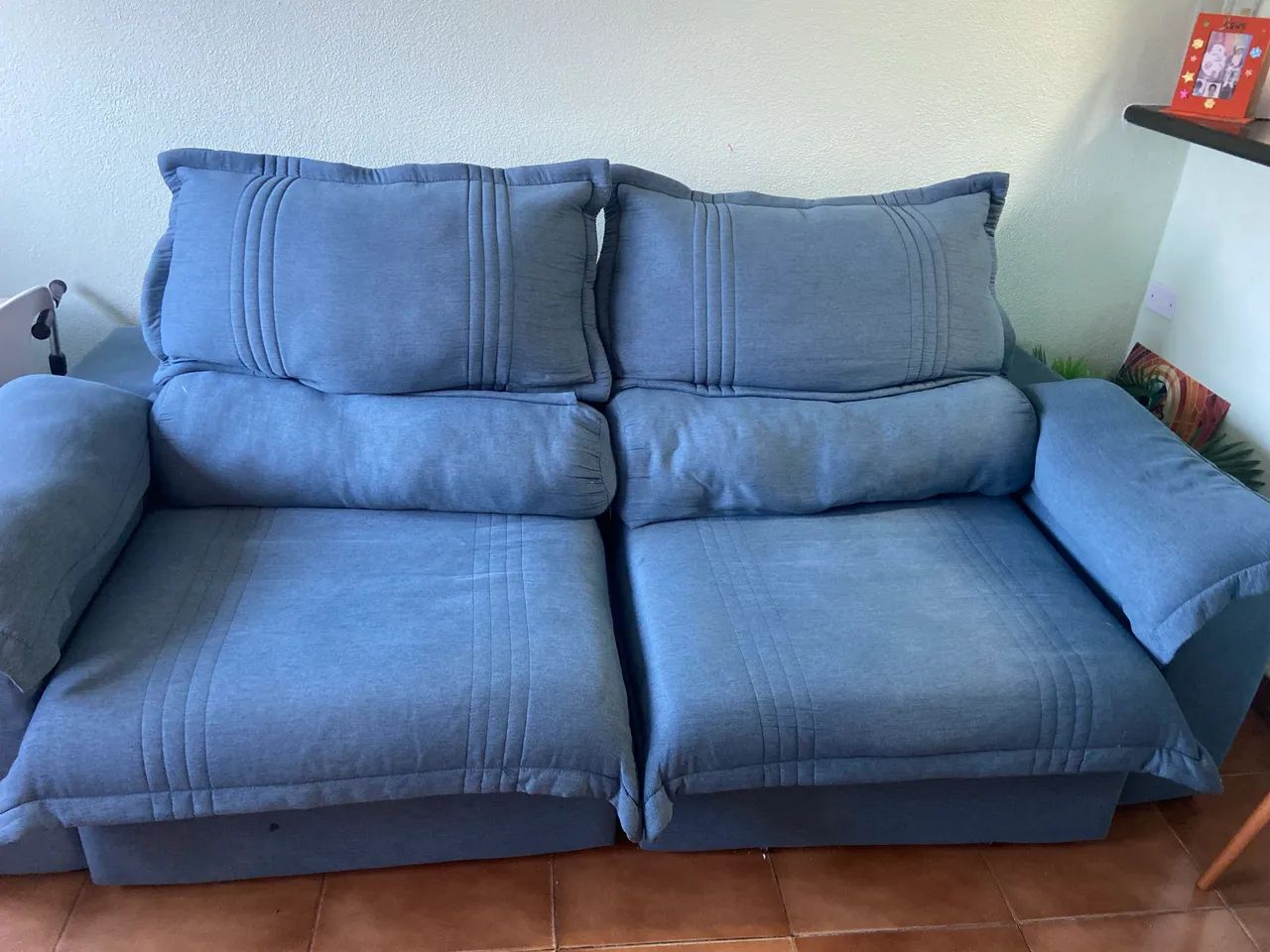 Sofá retrátil grande linho azul 