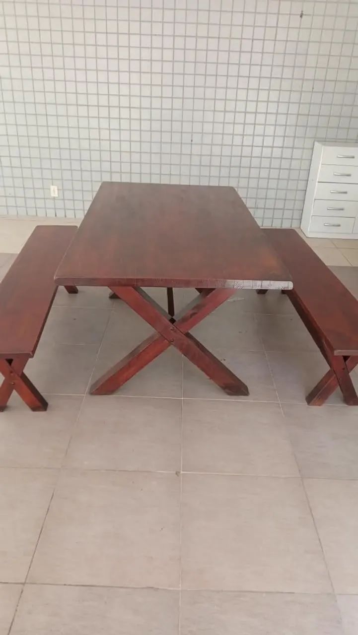 Mesa de Madeira Rústica com 2 Bancos - Conjunto Reforçado - Foto 2
