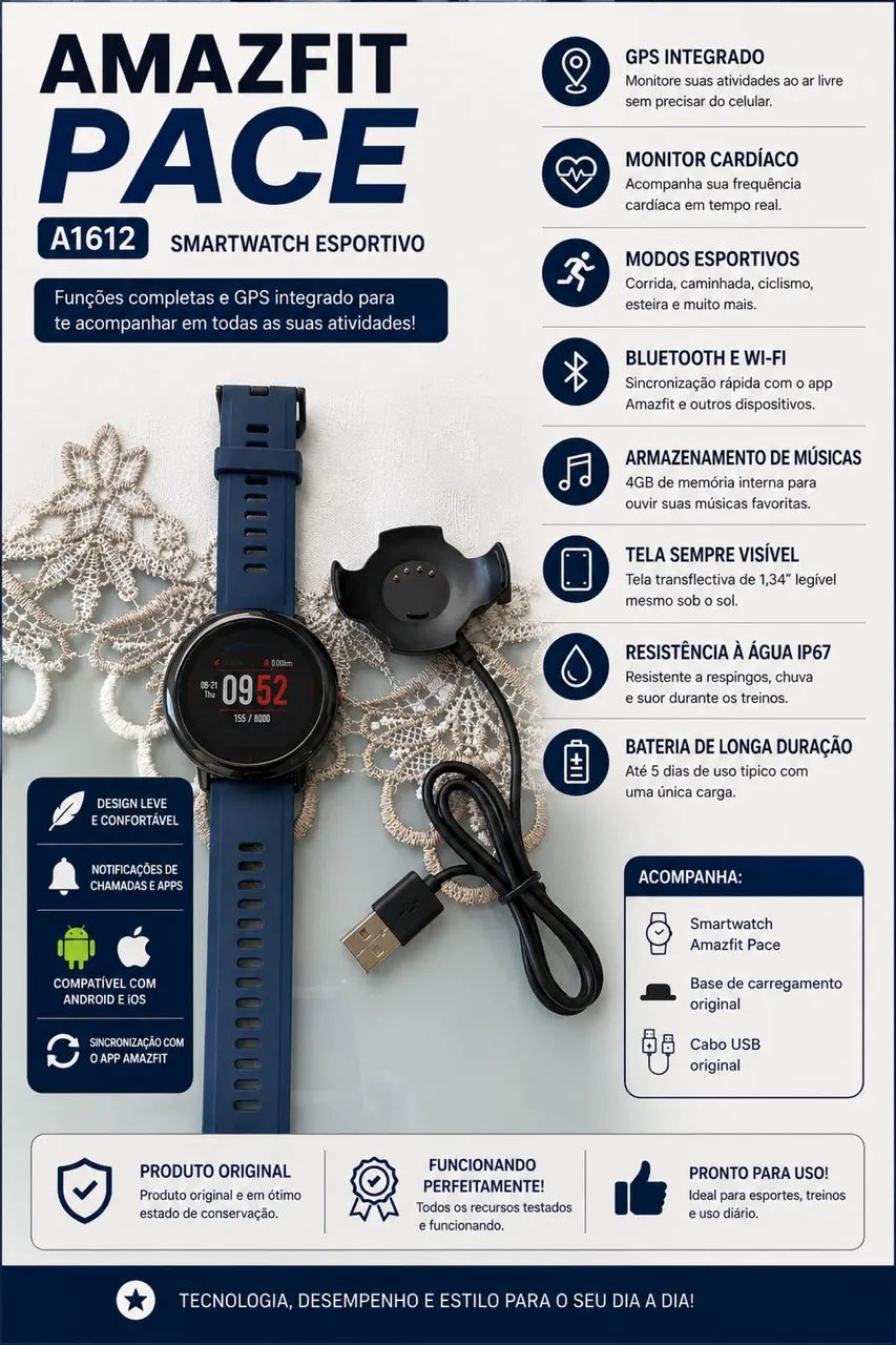 Smartwatch amazfit pace a1216 + carregador  - Foto 2