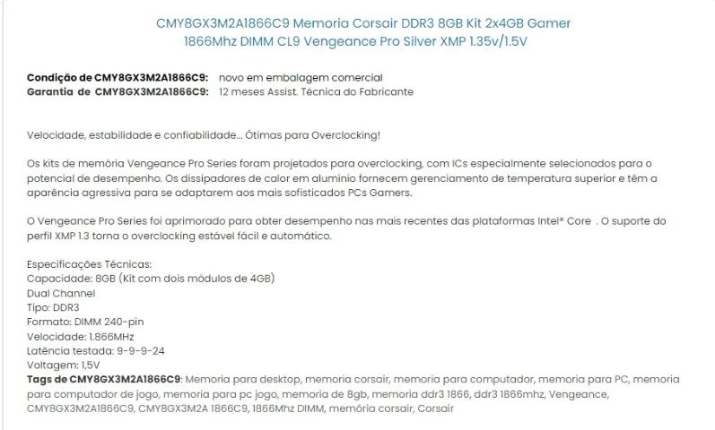 Memoria RAM Corsair DDR3 8GB Kit 4x4GB Gamer 1866Mhz  Vengeance Pro REDXMP 1.35v/1.5V - Foto 2