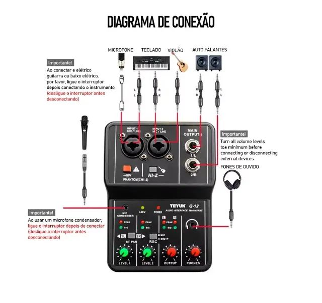 Mesa Interface de audio Gravação Mic Condenser Phanton power - Foto 2