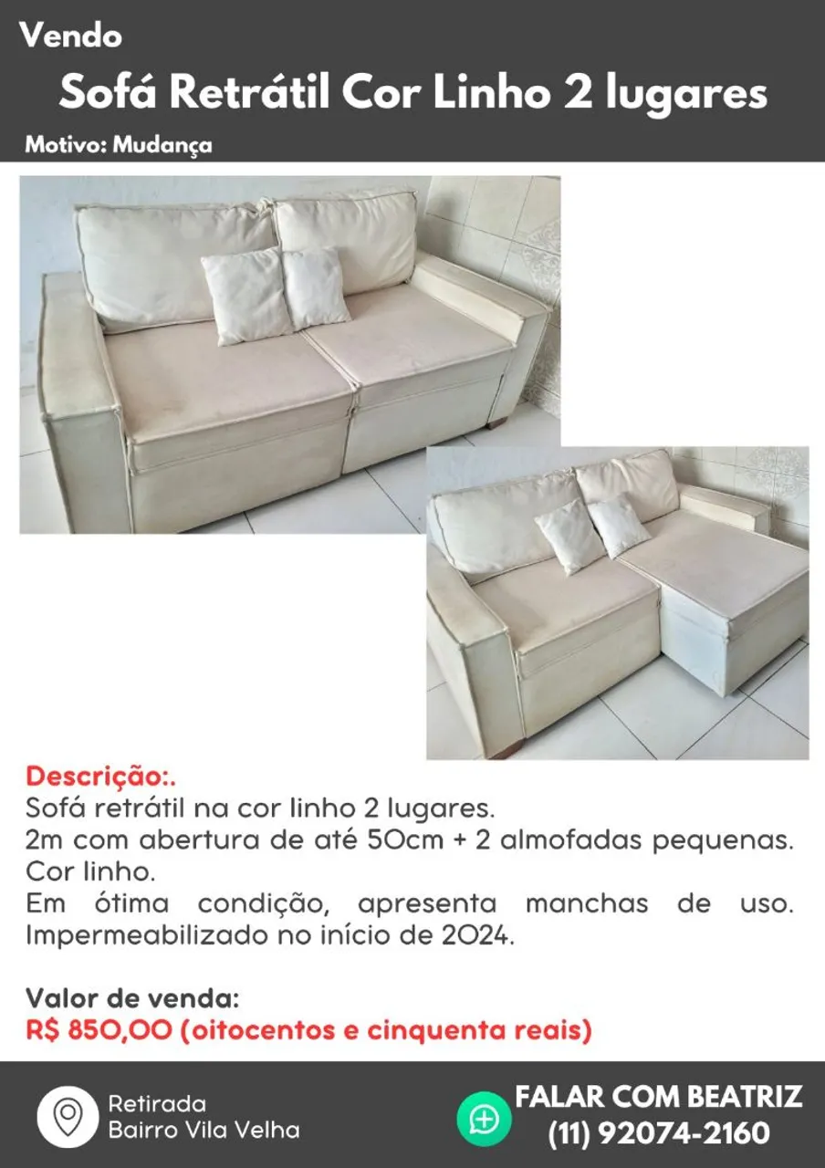 Sofá retrátil cor linho 2 lugares