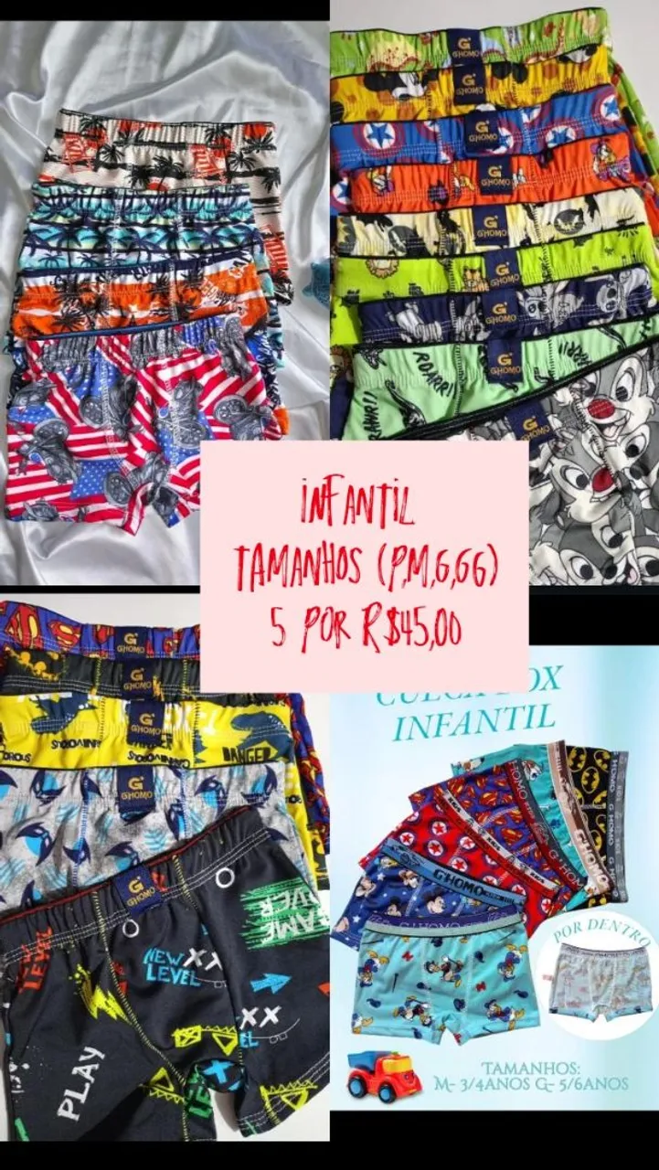 Kit 5 Cuecas Infantis Estampadas Diversas