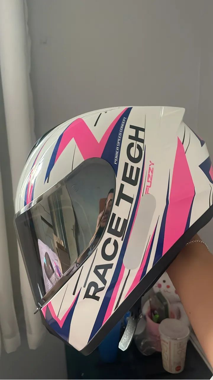 Capacete Race Tech Hit Fuzzy - Branco e Rosa 