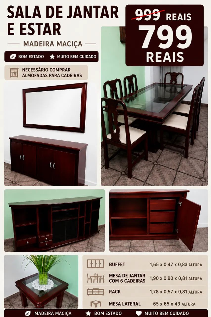 Sala de Jantar e estar mesa com 6 cadeiras buffet rack espelho