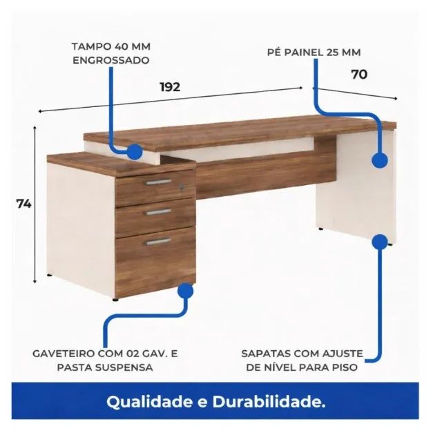 Mesa Para Escritório Com Gaveteiro E Fechadura Tampo Reforçado Amadeirado - 34405 - Foto 4