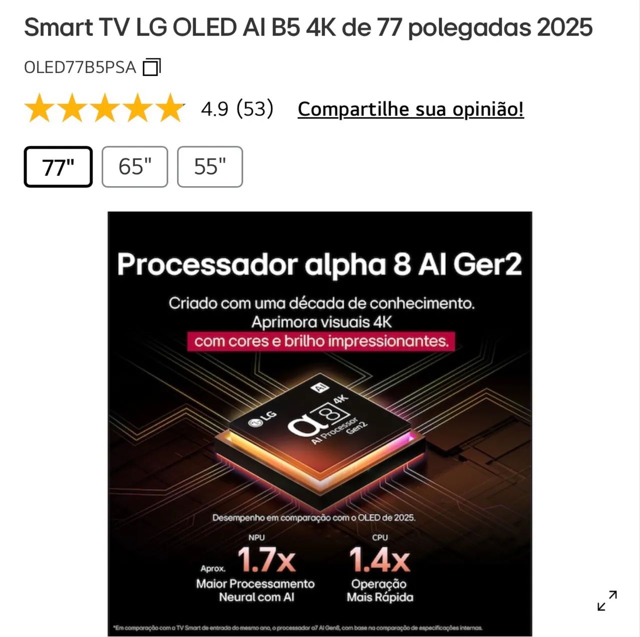 Smart TV 4K 77" LG OLED OLED77B5 - Foto 2