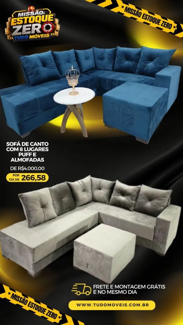SOFÁ DE CANTO COM ALMOFADAS E PUFF