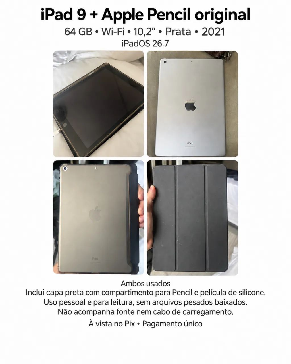 iPad 9ª geração 64 GB Wi-Fi + Apple Pencil original + capa