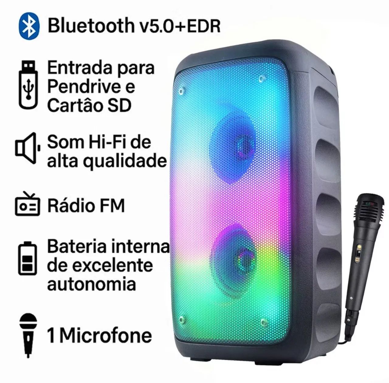 ? CAIXA DE SOM PORTÁTIL BLUETOOTH COM MICROFONE E LED RGB - Foto 3