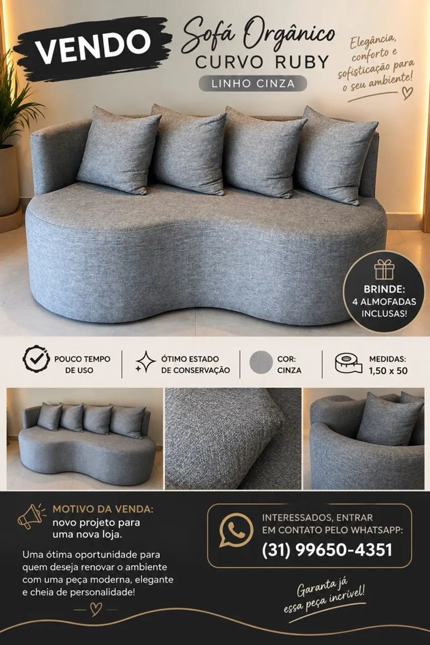 VENDO SOFÁ ORGÂNICO CURVO RUBY - LINHO CINZA