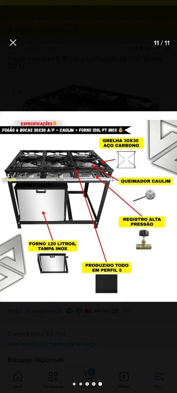 Fogão industrial 6 Bocas com forno