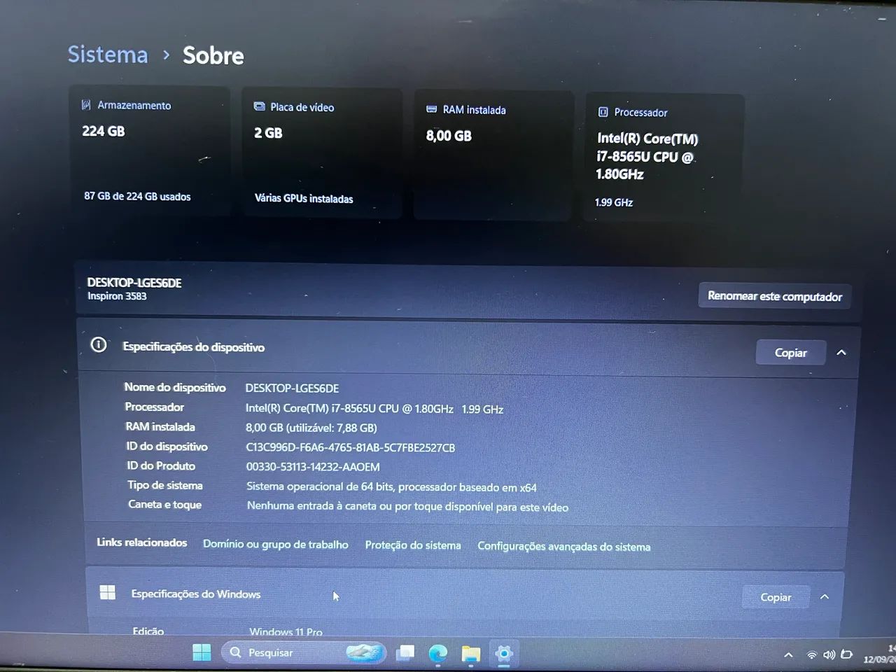 Notebook Dell |  Intel Core i7 8Th  | Vídeo Radeon 2GB | 8GB | SSD 256Gb - Foto 4