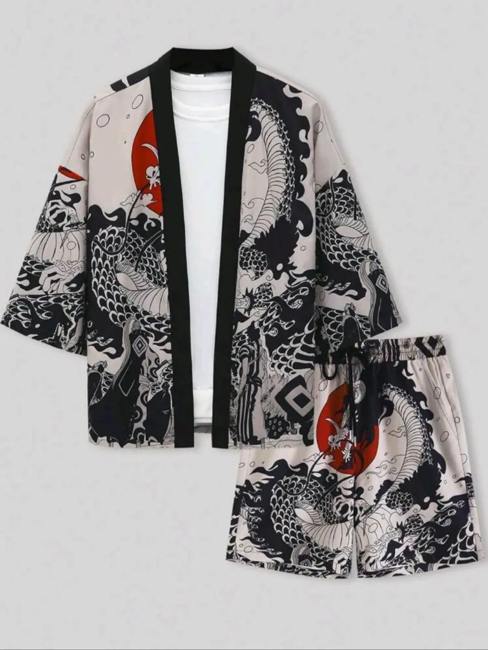 Conjunto Kimono Chinês com Estampa de Dragão Vermelho Lua Estilo Cartum (One Piece) - Foto 2