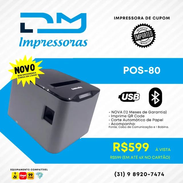 Impressora Térmica de Cupom POS80 Bluetooth Nova - 12 Meses de Garantia