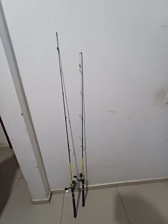 vara de pesca com molinete, anzol e linha