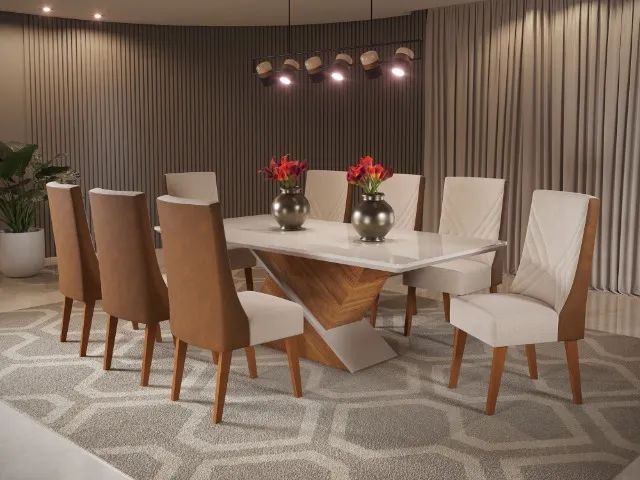 Mesa de jantar com 8 cadeiras com couro na cadeira - Entrega e montagem gratis