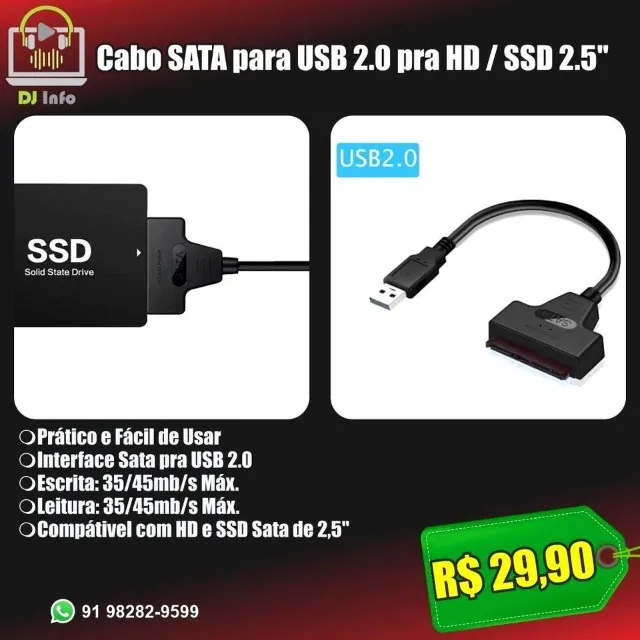 Cabo SATA para USB 2.0 pra HD / SSD 2.5"