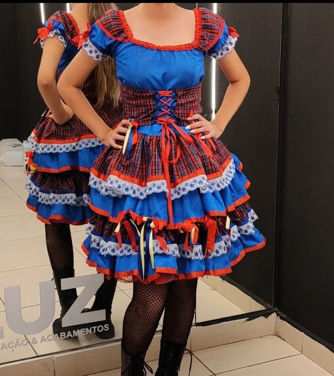 Vestido Festa Junina Adulto - Azul e Vermelho