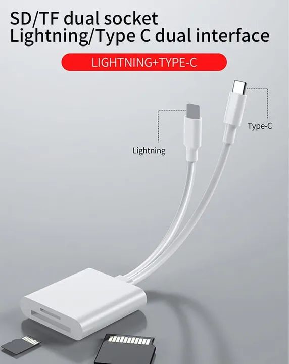 Adaptador 2x1 Lightning e USB C para Micro SD - Leia seus cartões no iPhone - Foto 2