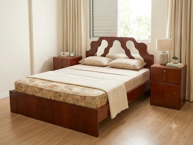 Lindo Kit Quarto Casal: Cama Madeira Maciça + Colchão Molas + 2 Criados-Mudos