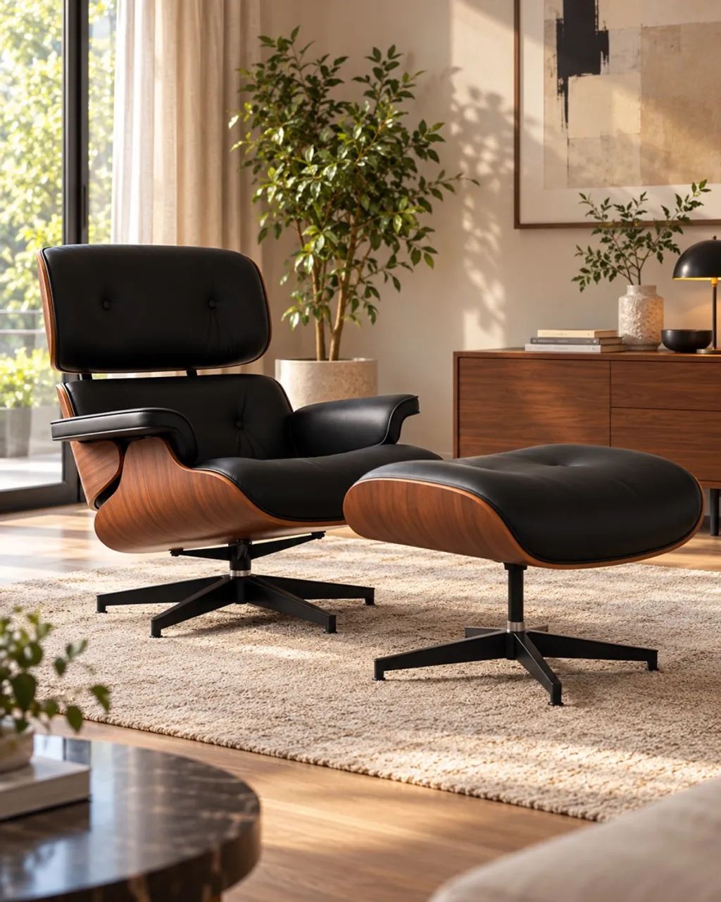 Poltrona Charles Eames Preta com Puff - Seminova