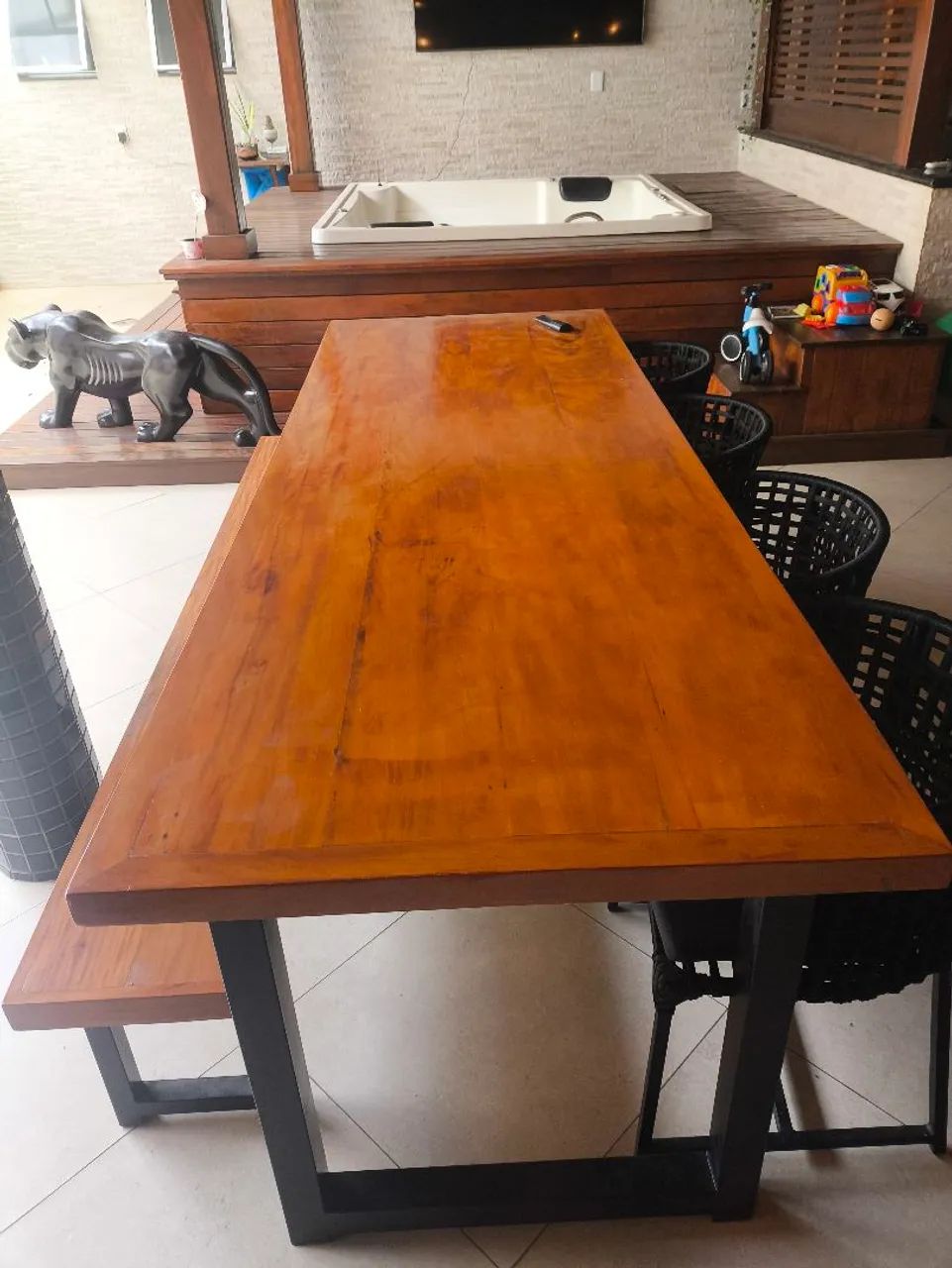 Mesa madeira de demolição 3x90 com bancos - Foto 3