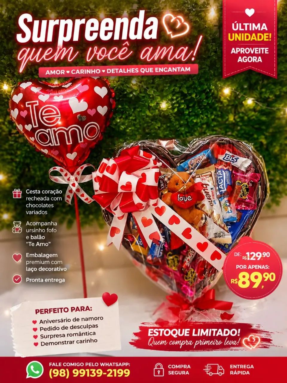 Cesta de Chocolates Romântica Com Ursinho de Pelúcia .