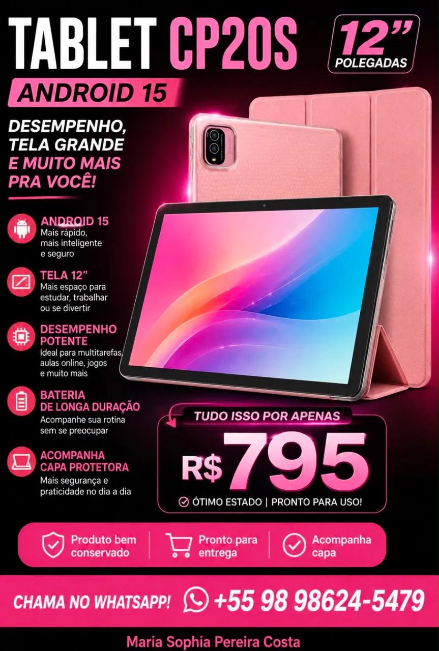 Tablet CP20S-Android15 12? polegadas+capa protetora por apenas 795,00