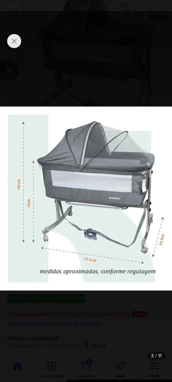 Berço Moisés Sleep 3 Em 1 Co-bed Com Cinta e Moquiteiro Cinza - KaBaby - Foto 4