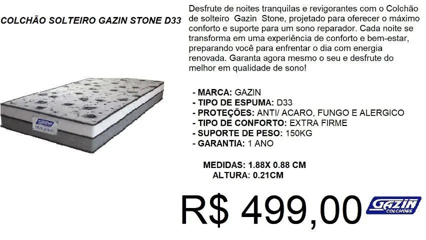 Colchão - solteiro - D33 - gazin - stone - compre hoje e receba em até 72 horas