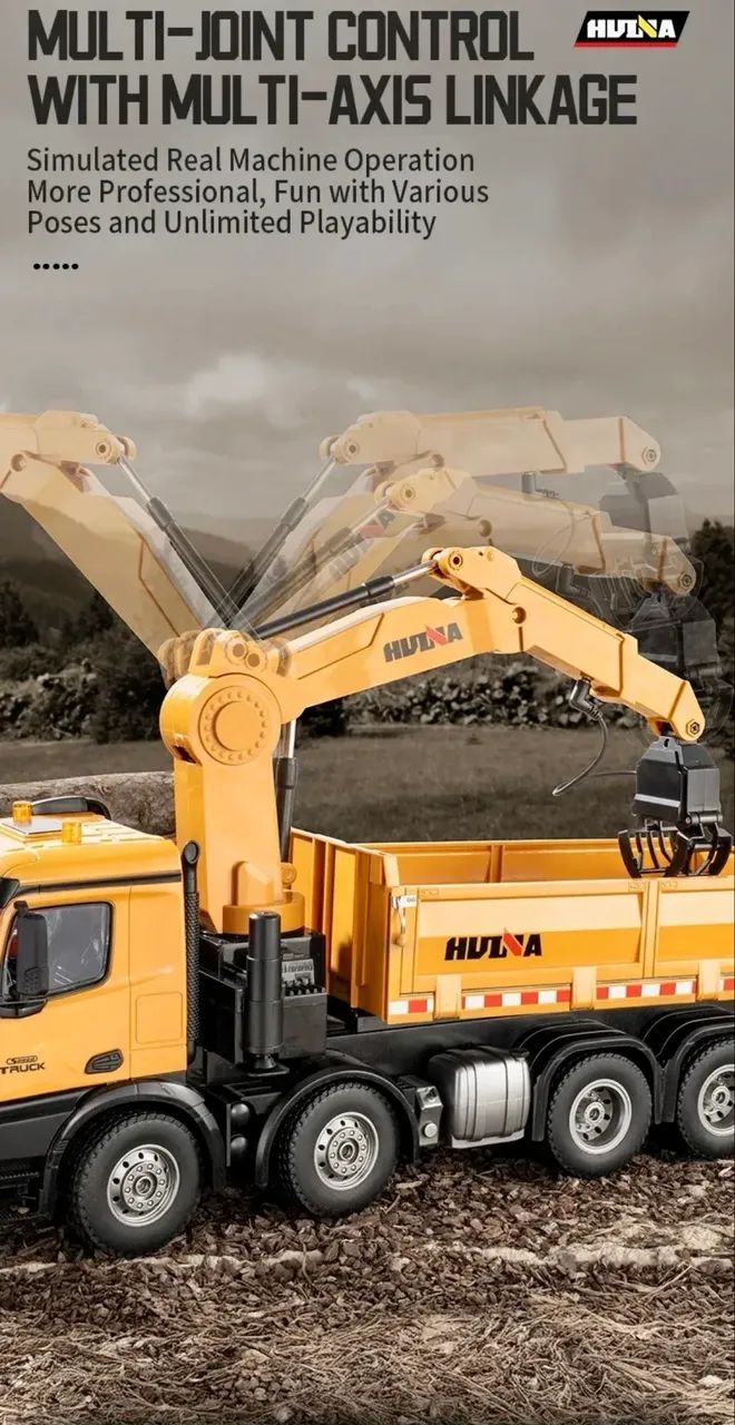 Caminhão Munck Basculante | Huina 1538 1/14 Controle Remoto Amarelo - Foto 3