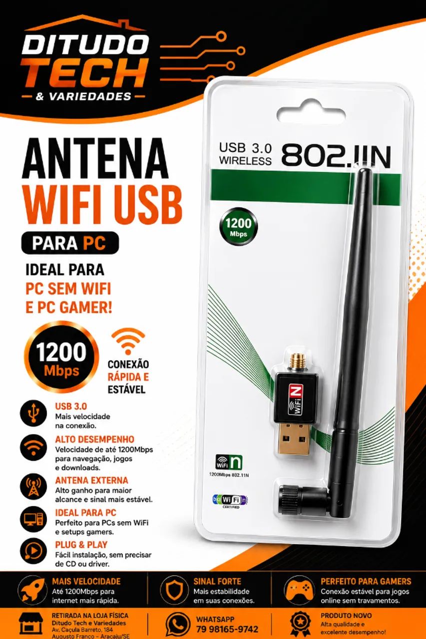 Antena WiFi USB Para PC Gamer 1200Mbps 802.11N - Novo - Ditudo Tech e Variedades - Foto 2