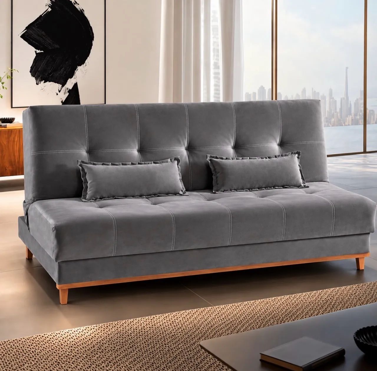 Sofá-Cama Confort Versátil 1,88 m Veludo Cinza