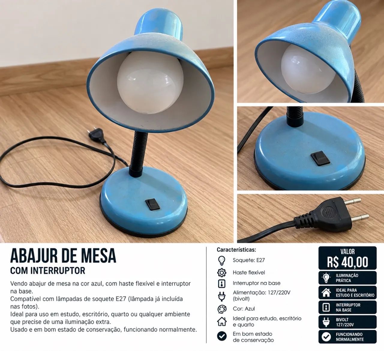 Abajur de Mesa Azul com Haste Flexível e Interruptor - Foto 2